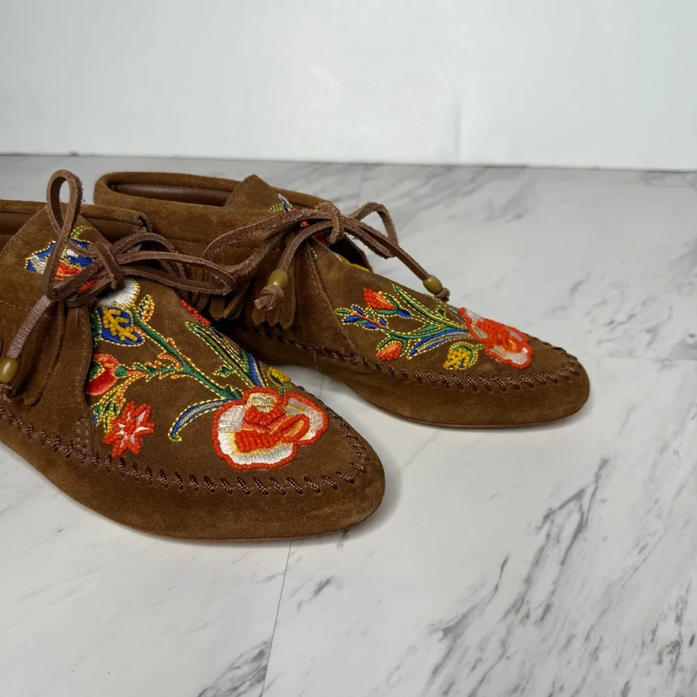 Tory Burch Huntington Fringe Embroidered Brown Suede Moccasins 6M